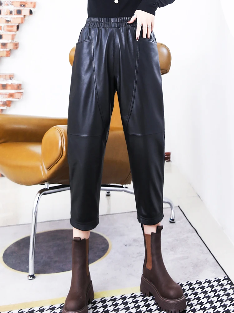 

2021 Spring Autumn Women's Genuine casual Ninth High quality sheepskin leather Harem pants C104