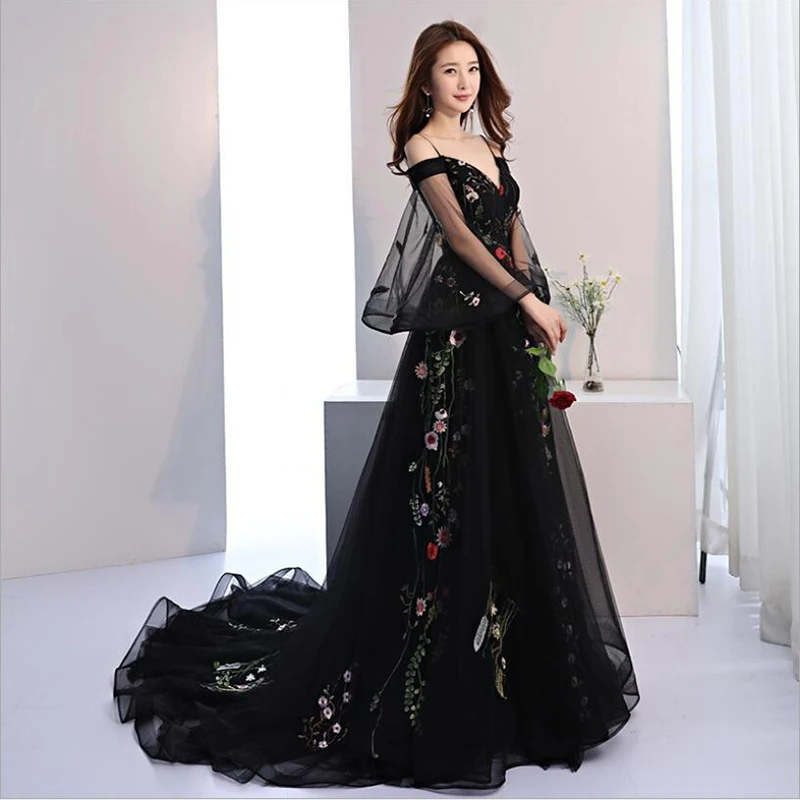 

Black Embroidery Prom Dresses 2021 Plus Sizes Flared sleeves A Line Tulle Sexy Evening Gown Vestido De Fiesta De Boda