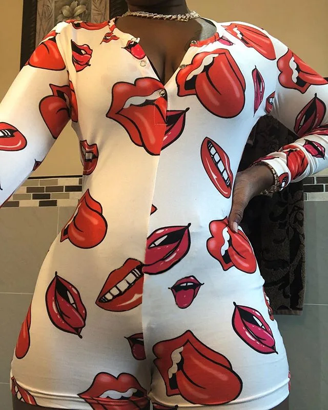 

Casual Women Bodysuit 2020 Fashion Long Sleeve Lips Butterfly Printed Short Skinny Bodysuit Party Club Wear Rompers Plus Size