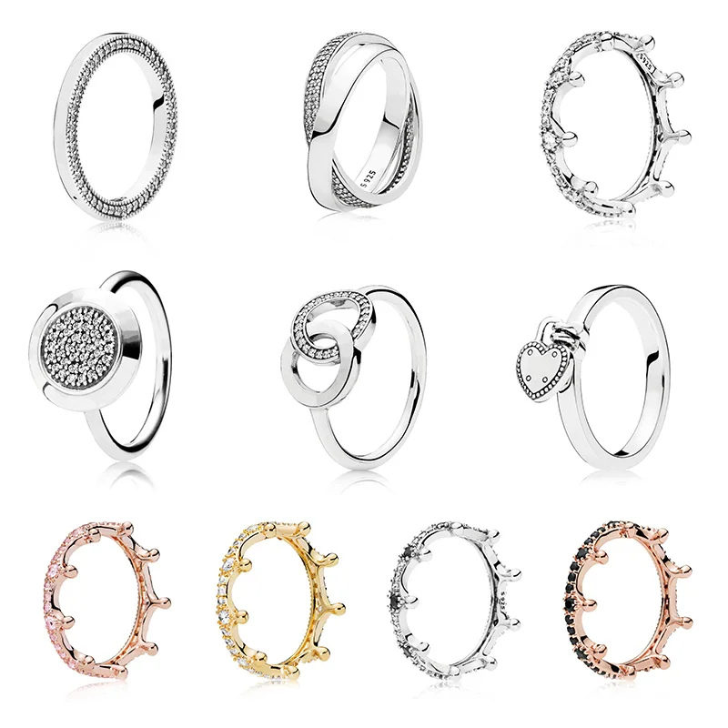 

Queens Crown Crystal 925 Sterling Silver Heart Ring Rose Gold Black Finger Rings For Women Fine Jewelry