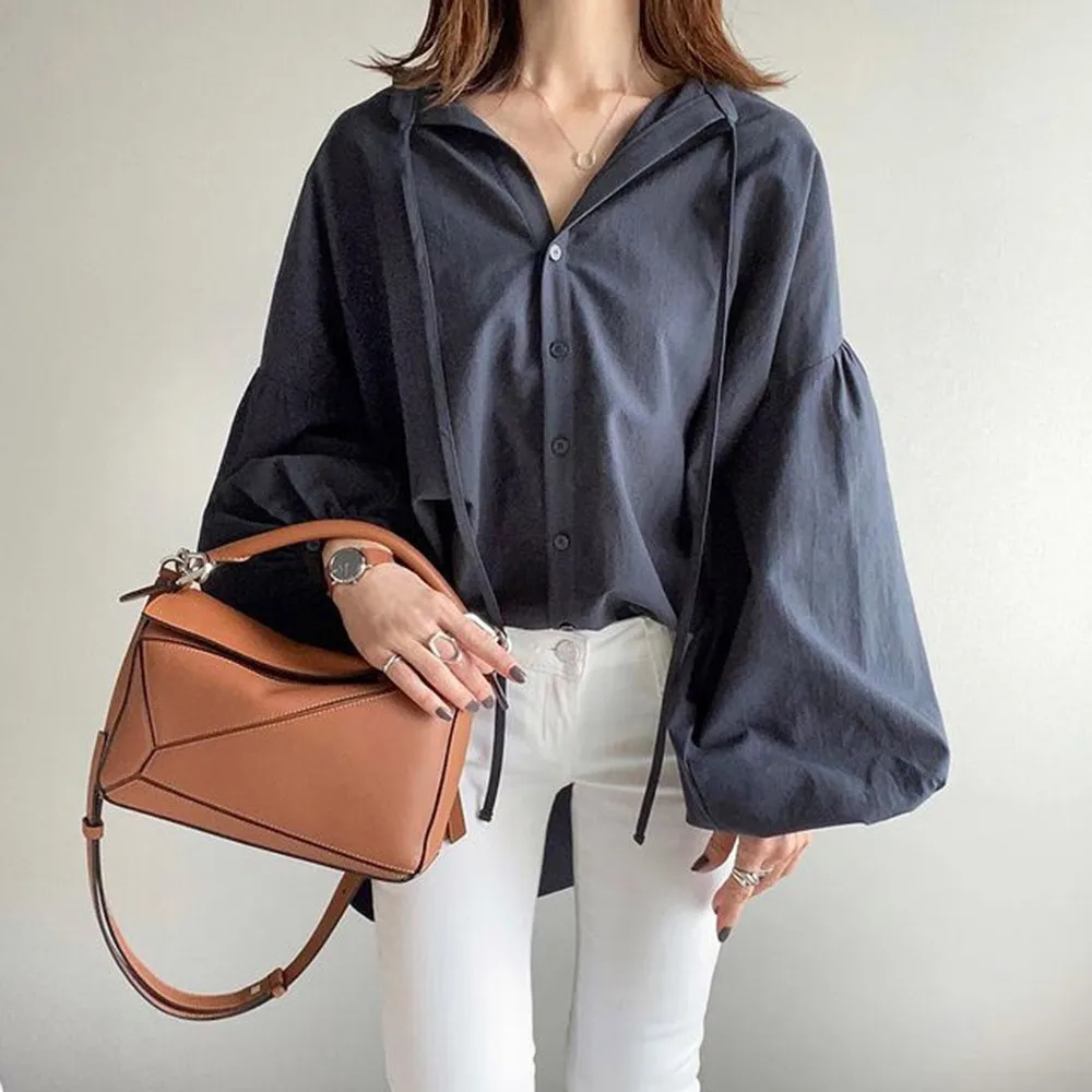 

Autumn New 2021 Solid Color Womens Blouse Korean Fashion Single Breasted V-neck Lantern Sleeve Loose Casual Women Tops
