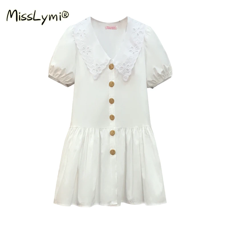 

4XL Plus Size Women White Shirt Dress Summer 2021 Hollow Out Embroidery Peter Pan Collar Puff Sleeve Loose Kawaii Ruffle Dresses