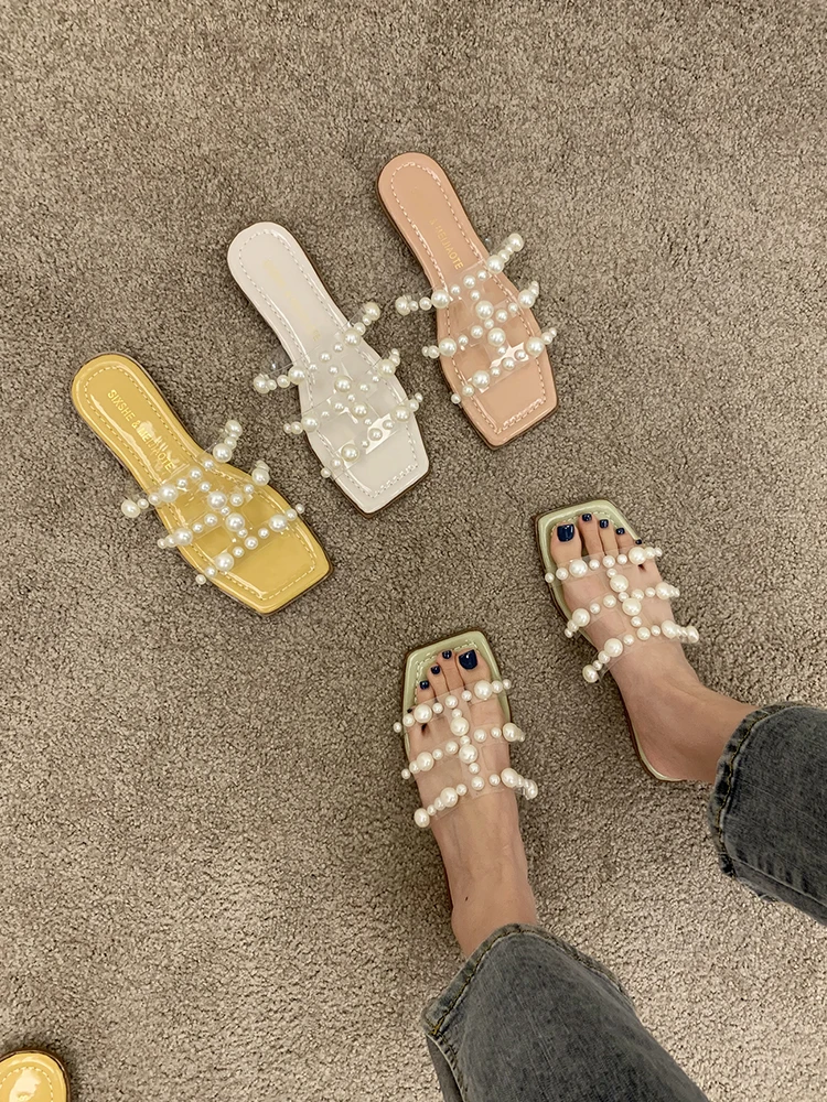 

Transparent Slippers Women Luxury Shoes Slides Pantofle Low Heeled Mules Jelly Flip Flops Designer 2021 High Glitter Flat Rubber