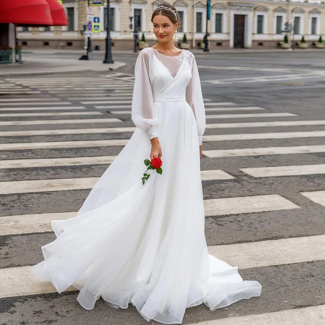 

New Design Illusion Scoop Long Sleeve Appliques Pleats A-Line Tulle Wedding Dress Bridal Gowns Vestido De Noiva