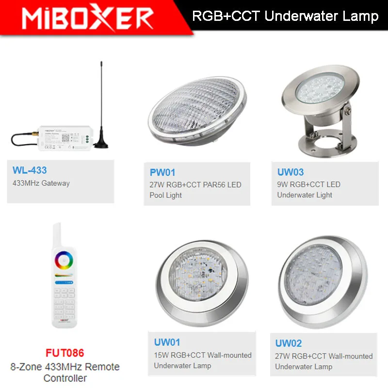 Miboxer AC12V/DC12-24V IP68 underwater 9W/15W/27W RGB+CCT Wall-mounted Underwater Lamp 27W PAR56 LED Pool Light;433MHz Gateway