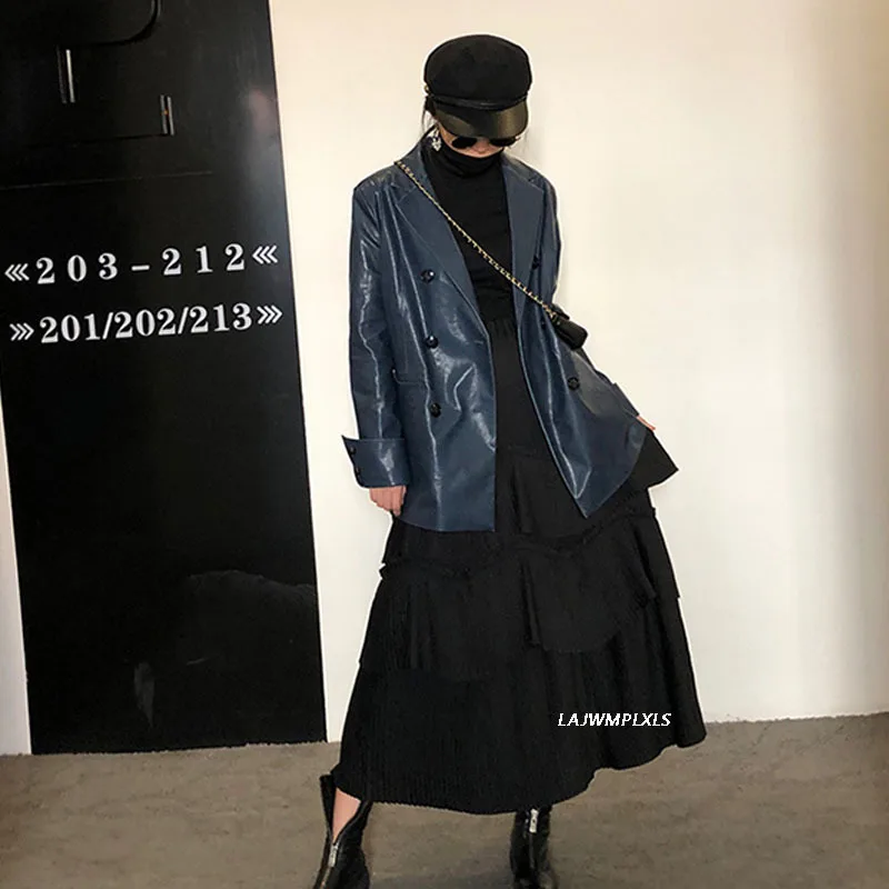 

Dark blue Leather Blazers Women 2021 New Spring Autumn Coat