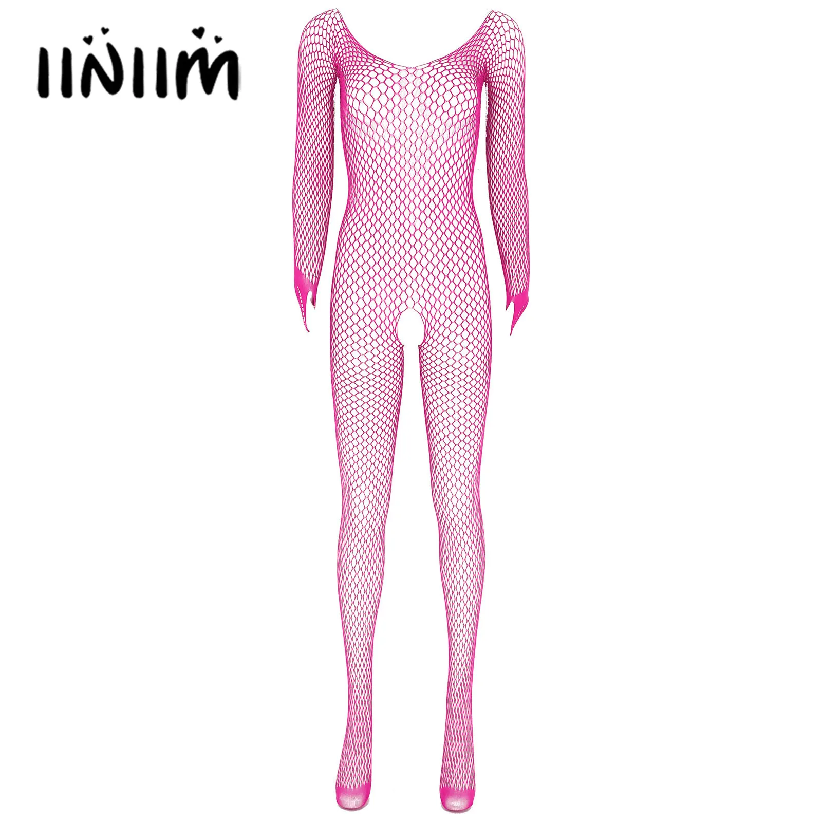 

Womens Lingerie See-through Mesh Bodystocking Round Neck Long Sleeve with Thumb Hole Crotchless Bodysuit Stretchy Nightwear
