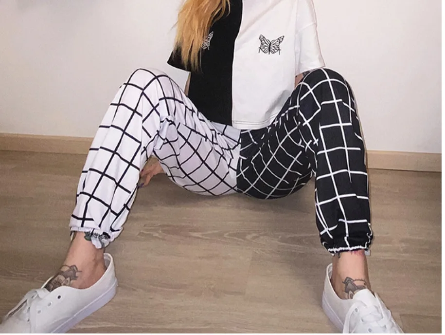 

Autumn Women Pants Fashion Streetwear Black and White Plaid Print Loose Elastics Waist Harem Pants