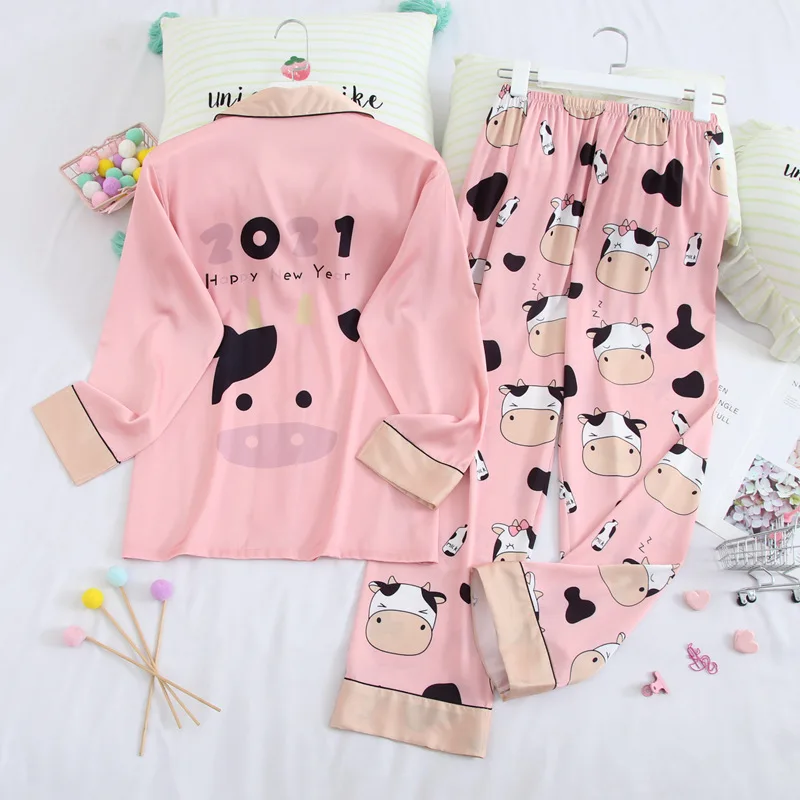 

Fiklyc underwear cow print women's cute long pants autumn pajamas sets femme faux silk 2-pieces pyjamas pijamas sets womans NEW