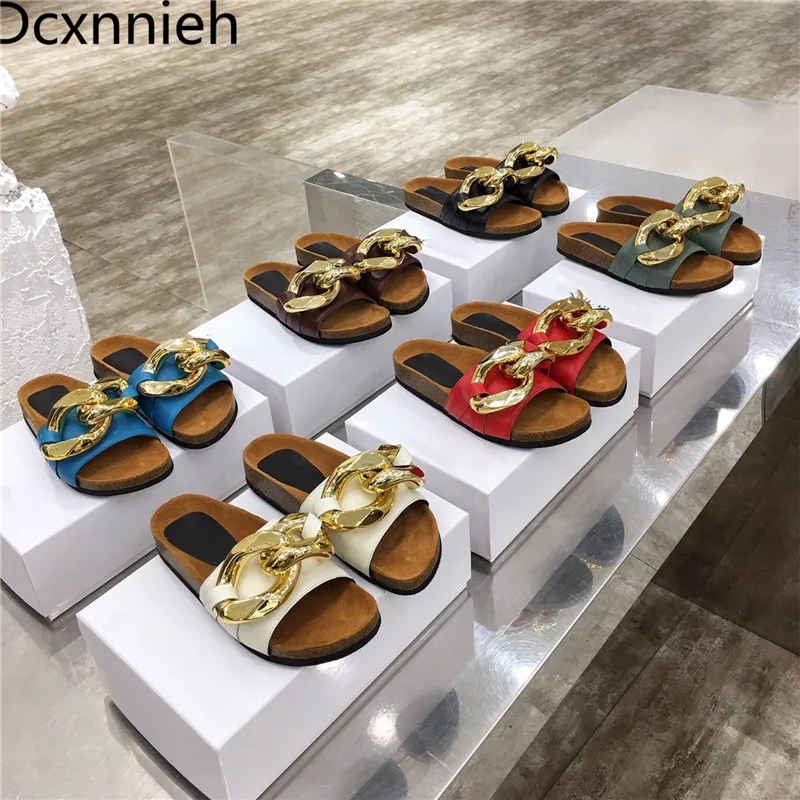 

New Metal Chain Round Open toe Flat Slippers Women 2021 Summer Fashion Leather Slippers Fat feet Outdoors Beach Shoes mujer Blue