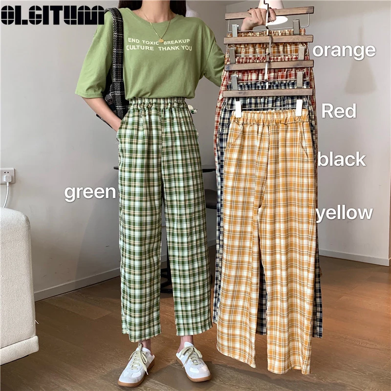 Женские свободные прямые повседневные длинные брюки в клетку эластичные узкие с
