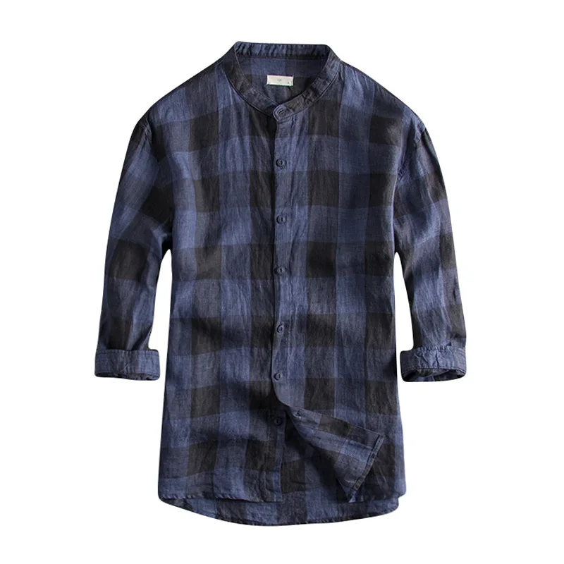 

men new vintage color matching checkered washed linen shirt men's five-point sleeve plaid stand-up collar camisas shirt