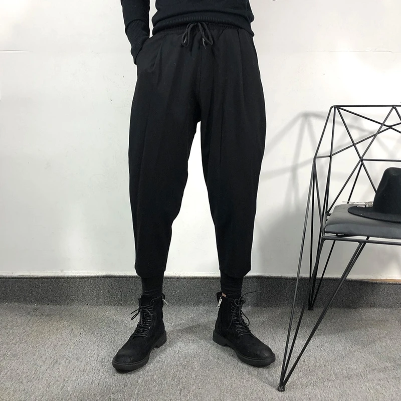 

Men's Casual Pants Autumn Winter New British Wind Pure Color Elastic Waist False Two Design Loose Cargo Pants Cone Pants