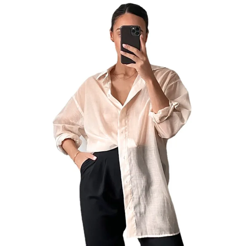 

2021 Fashion Women Shirt Top Button Turn Down Collar Office Causal Loose Tee Shirt Streetwear Elegant Lady Chic Crop Top Shirt