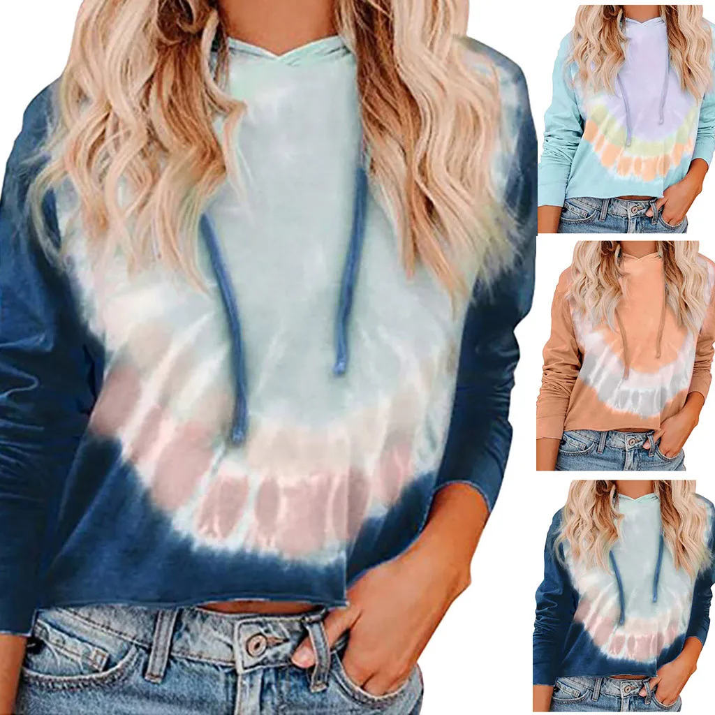 Для женщин Повседневное с длинным рукавом шнурок тай дай печати капюшоном