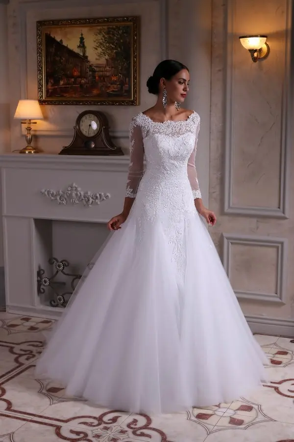 فساتين New 2021 Lace Tulle Long A-line Modest 3/4 Sleeves Off The Shoulder Beaded Appliques Bridal Gown Bespoke Wedding Dresses
