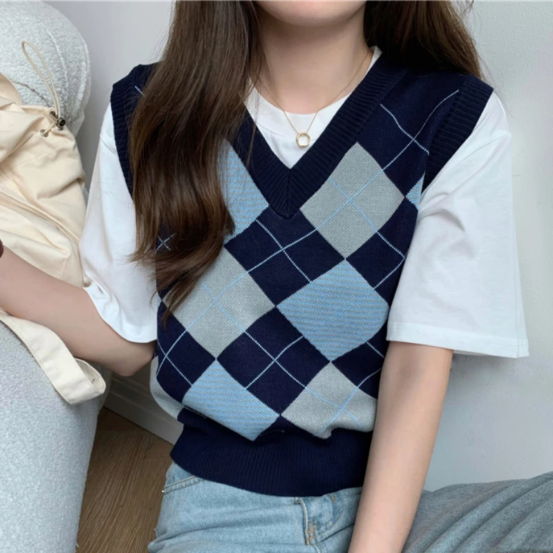 

Zoki Argyle Women Sweater Vest Korean Style Autumn Knit Pullover Cute Jumper Casual V Neck Blue Loose Ladies Plaid Vest