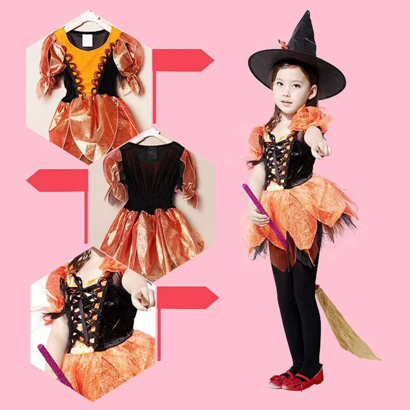 Платье на Хэллоуин для девочек Детская одежда косплея ведьмы с тыквой Костюм