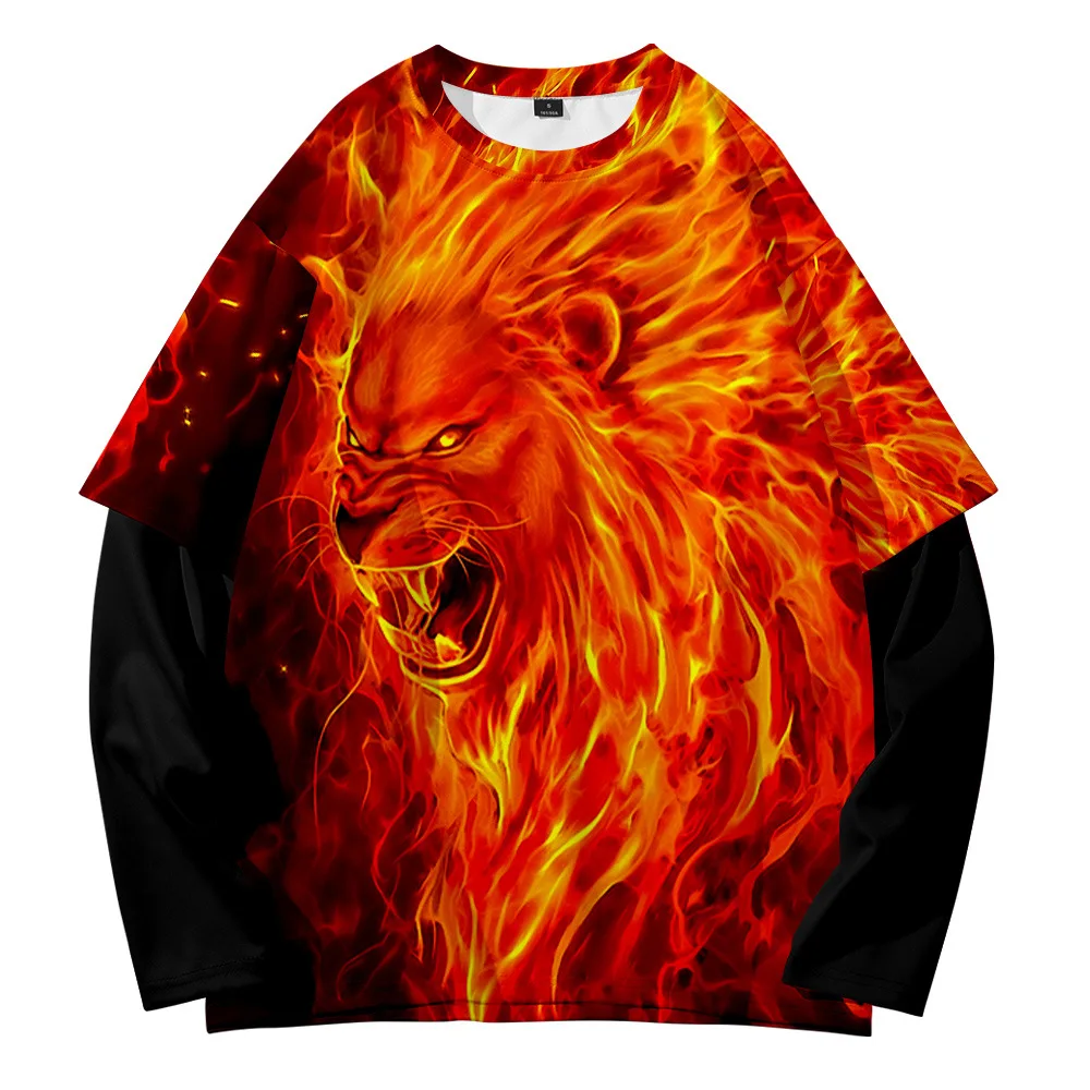 

Animal lion street shooting fashion trend youth summer 3D digital round neck fake two-piece sweater