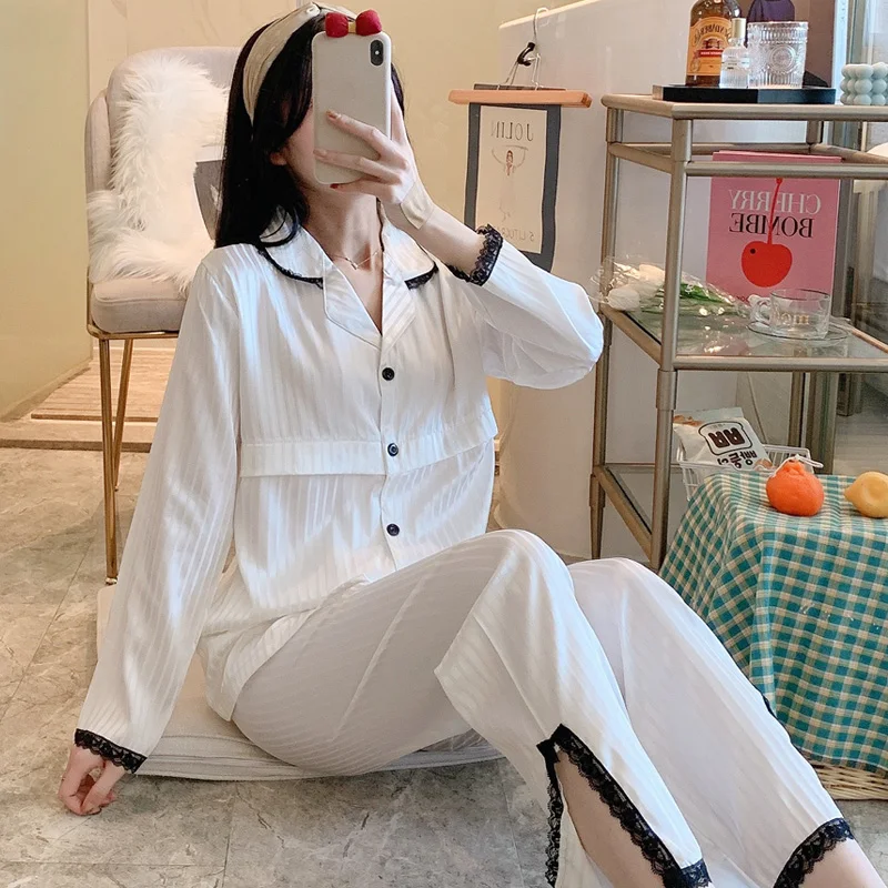 

Summer Thin Silk Feel Soft Maternity Nursing Sleepwear Sets Breastfeeding Pajamas Suit Clothes for Pregnant Women Pregnancy Home