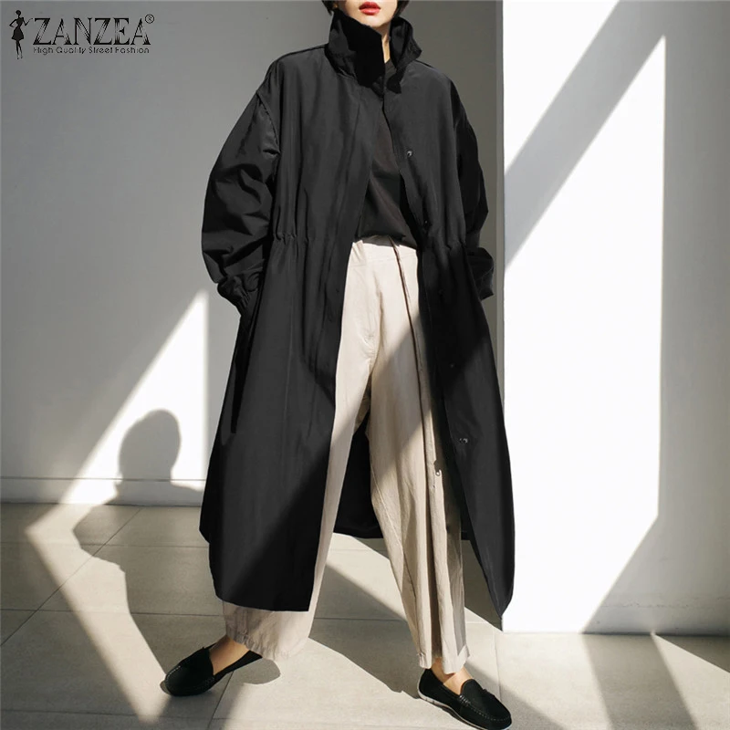 

2022 Fashion Women Trench Coats ZANZEA Spring Autumn Long Sleeve Drawstring Waist Midi Outwears Casual Solid Loose Streetwears