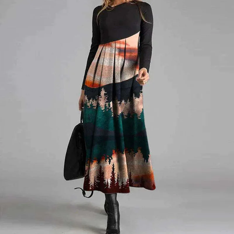 

Vintage Elegant Plaid Print Long Dress Women Autumn Fashion Long Sleeve Party Dress Winter Casual Ladies Pleated Dress Vestidos