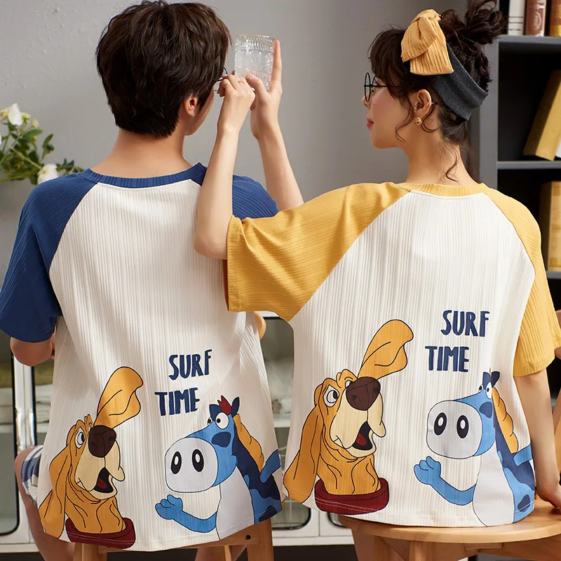 

Summer Lovers Pajamas Women's Short Sleeve Shorts Nightgown Round Neck Sleepwear Cotton Sleepshirts Couples Casual Home Clothing