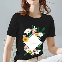 t shirt new daisy printed summer black all match commute female short sleeve tops ladies o neck tee xxs 3xl womens clothing