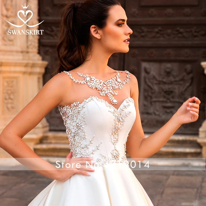 Роскошное атласное свадебное платье Swanskirt, потрясающее бальное платье с круглым вырезом и кристаллами, платье для невесты с часовым шлейфом, размер F220