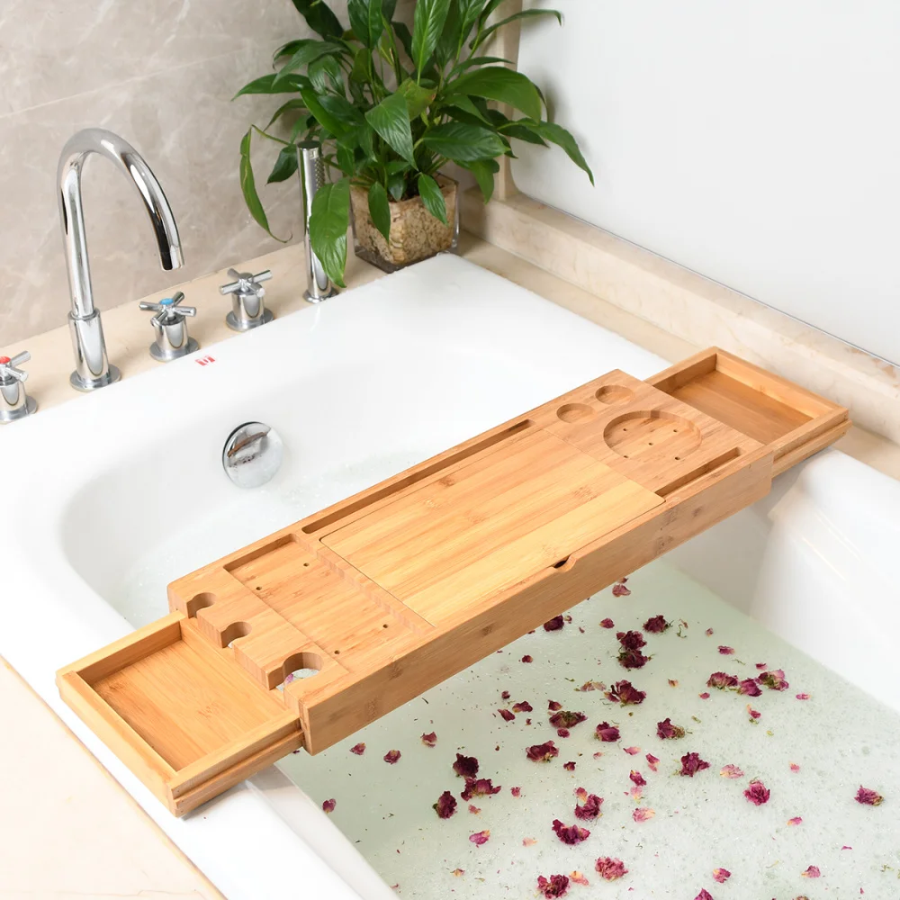 

1PC Multifunctional Bathtub Serving Tray Bamboo Bath Bridge Telescopic Storage Rack Shelf with Mirror for Bathroom Home
