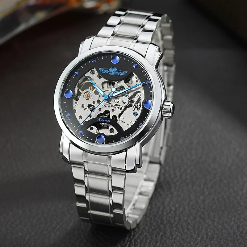 Лидирующий бренд WINNER синие стрелки из нержавеющей стали Скелет открытая работа