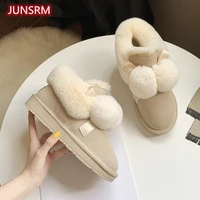 2021 winter new real rabbit hair ball snow boots womens fashion flat bottom thickened warm non slip short tube boots high top c