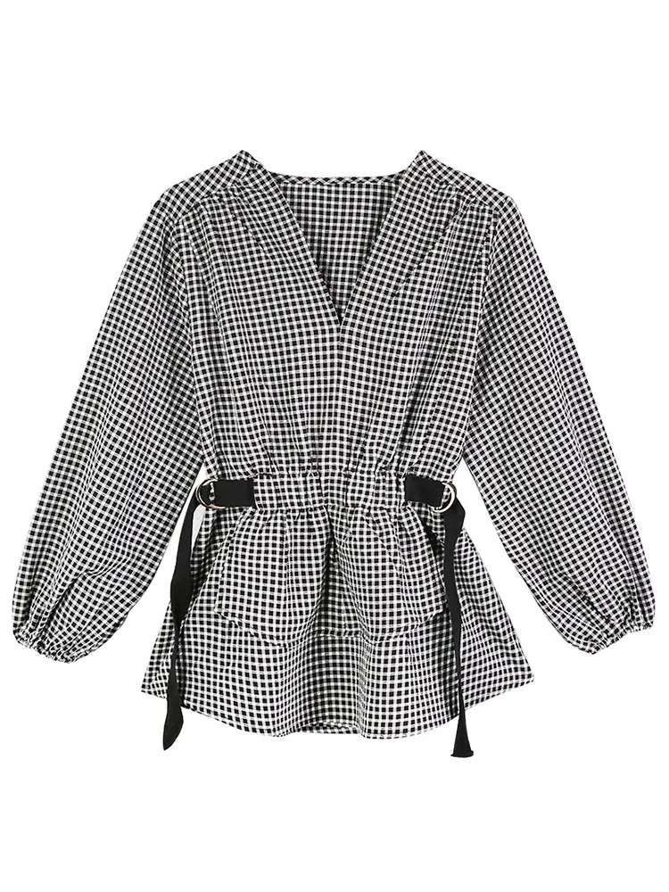 

Autumn New Korean V Neck Long Sleeve Large Size Plaid Waist Shirt Top Women Blouses