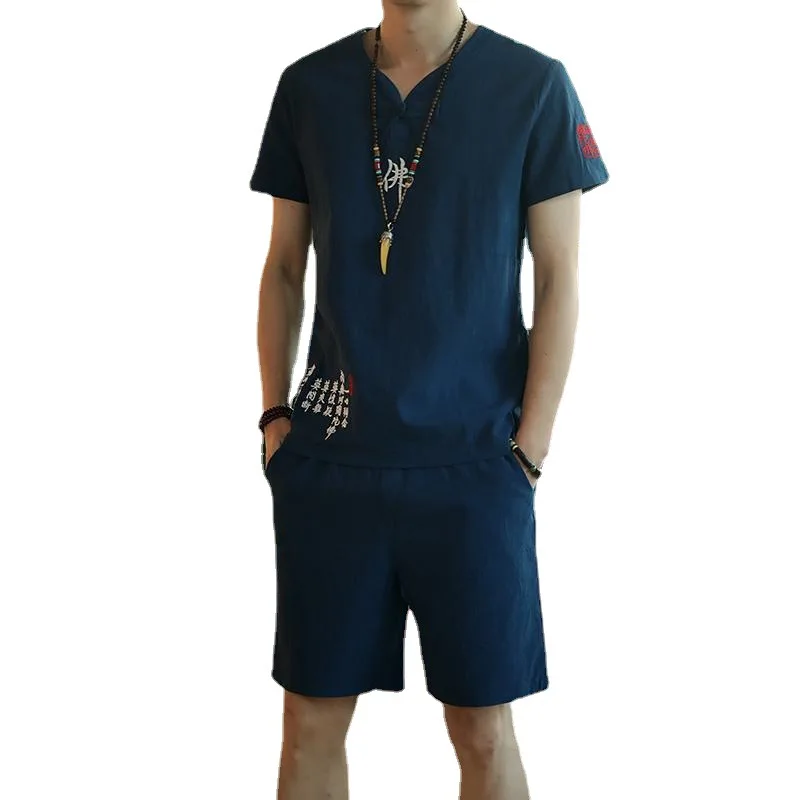 

Chinese Style Suit Men's Summer Cotton and Linen Short-sleeved T-shirt 2021 Trend Casual Linen Two-piece Set
