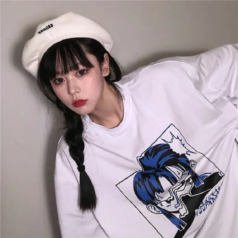 Street Korean Park Cartoon Anime Printed Solid Color Round Neck Loose Long Harajuku Sleeve T-Shirt Base Top Garbage Punk Retro