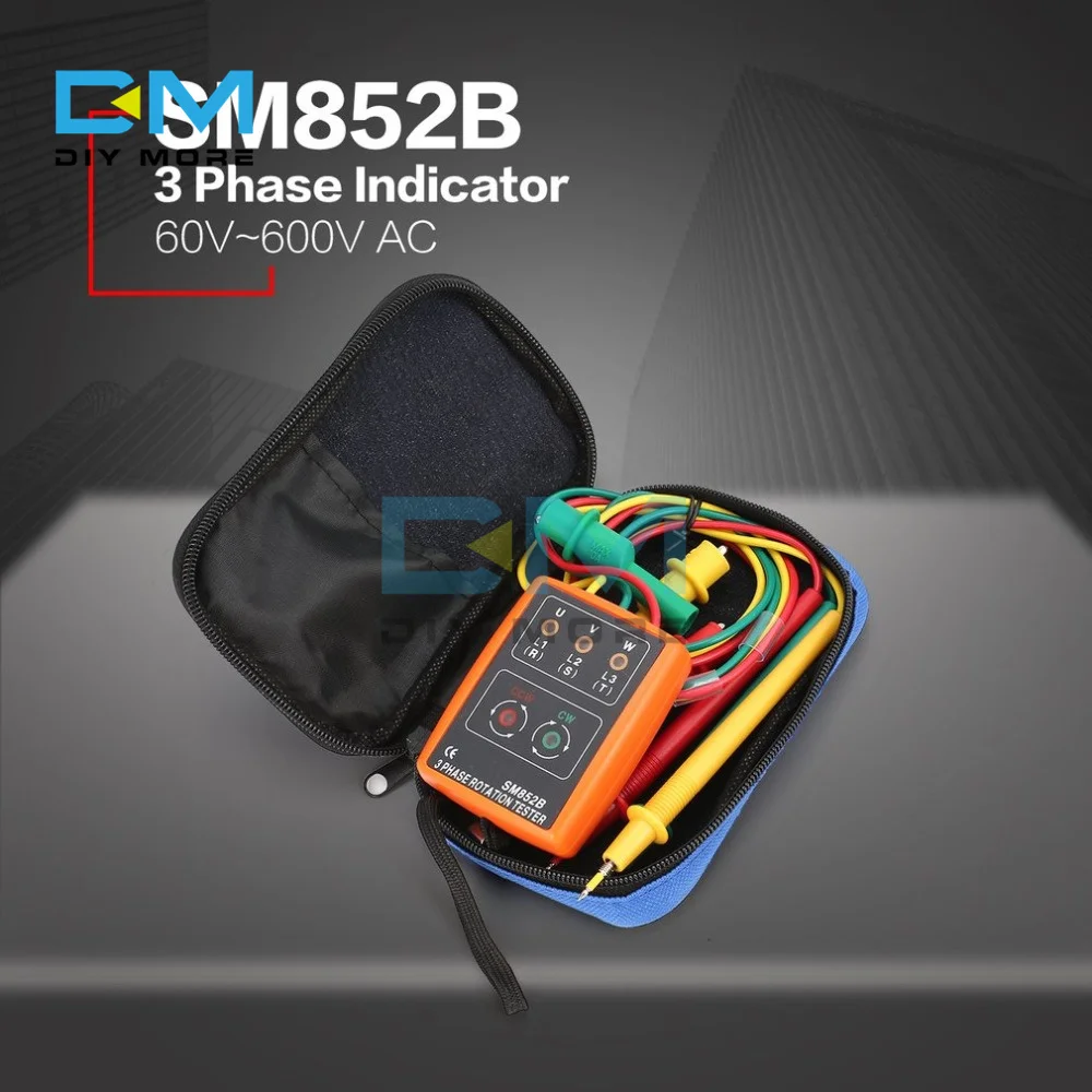 

SM852B 3 Phase Rotation Tester Digital Phase Indicator Detector LED Buzzer Three Phase Sequence Meter Voltage Tester AC 60V~600V
