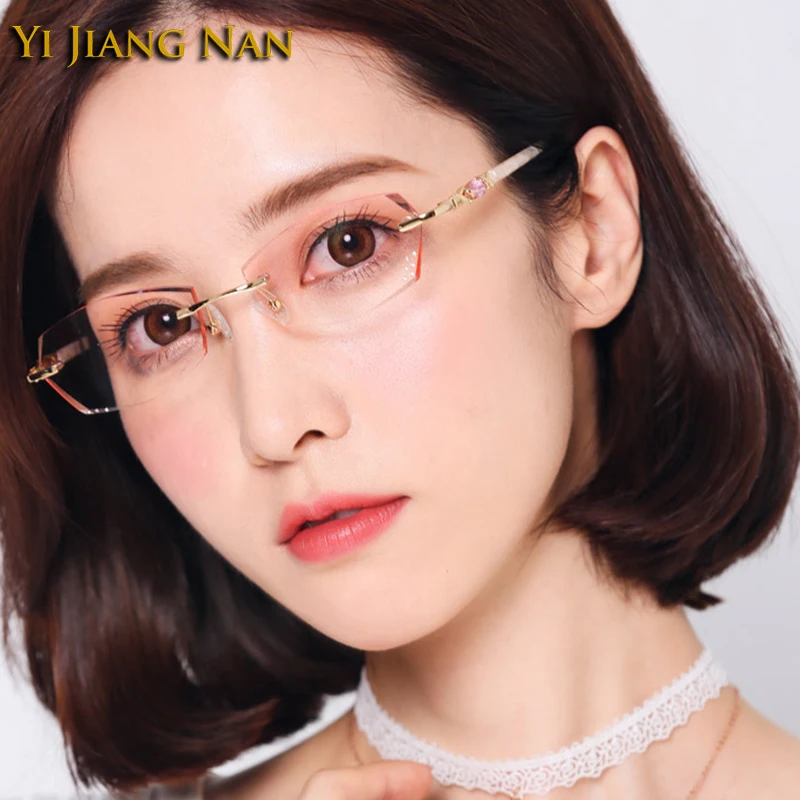 Prescription Glasses Stones Rimless Titanium Eyeglasses Frames Women Fashion Colored Glass with Tint Graduation Lenses