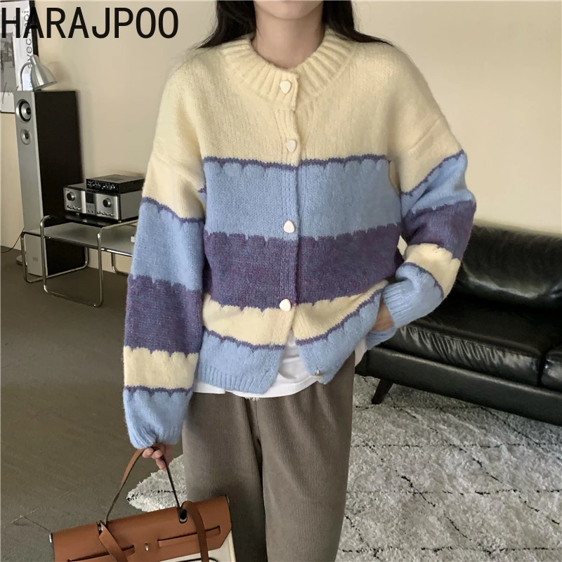 

Cardigans Woman Harajpoo Loose Striped 2021 Autumn Korean Knitted Blue O Neck Fashion Ins Cute Long Sleeve Single Breasted Tops