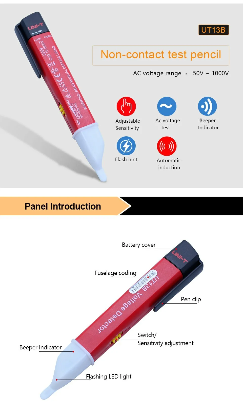 UNI-T UT13A/B ручной детекторы напряжения переменного тока 24V~ 1000 V 50/60Hz вольт тестер ручка регулируемая чувствительность(Высокочувствительный