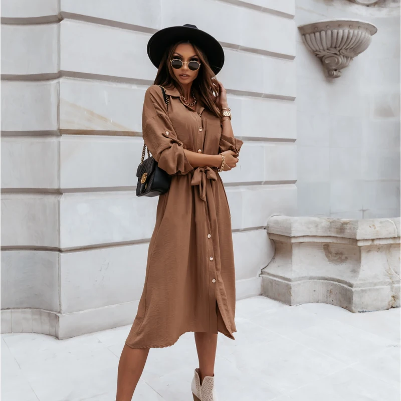 

MOARCHO Casual Sashes Lace Up Midi Dresses Women Turn-down Collar Half Sleeve Solid Color Button Dress New Arrival 2020