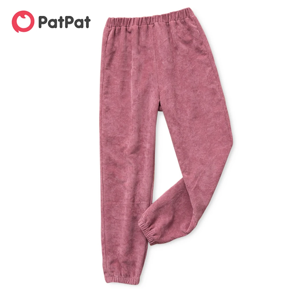 

PatPat Kid Girl Ribbed Elasticized Solid Dark Pink Corduroy Casual Pants