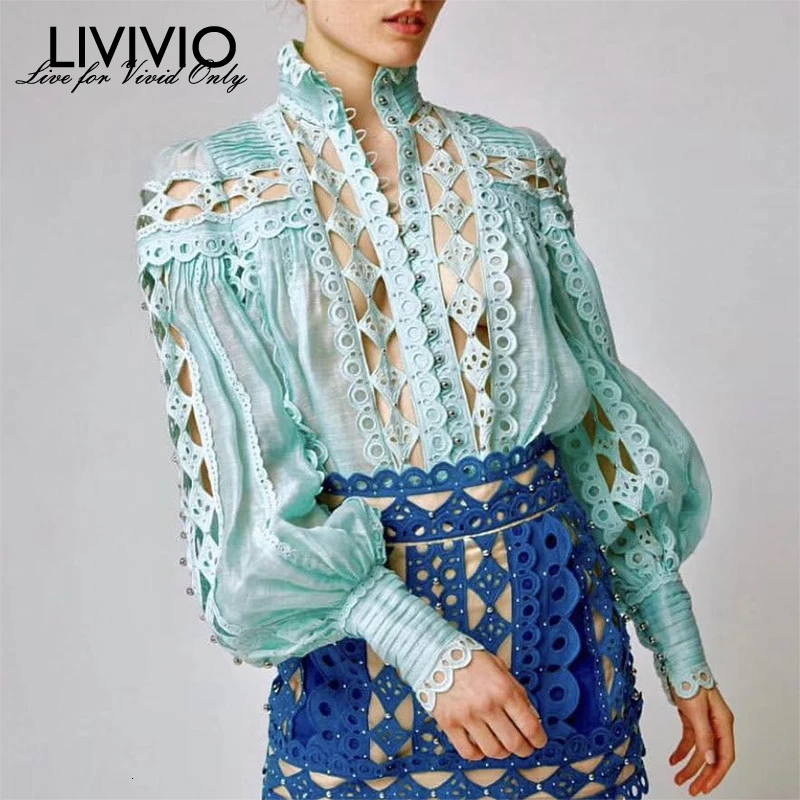 [LIVIVIO] Лоскутная кружевная блузка с бисером, сексуальная прозрачная блузка, женская рубашка, фонарь с длинным рукавом, топы с воротником-стойкой, Женская Осенняя корейская мода