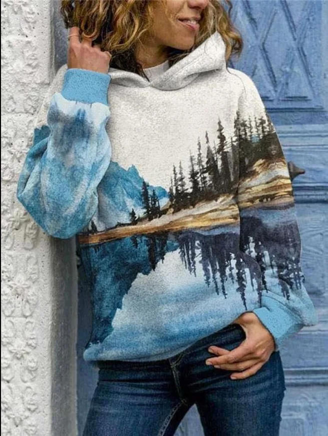 

Landscape Painting Print Women Hoodies Autumn Winter Hooded Sweatshirt Fashion Casual Loose Long Sleeve Pullover Tops