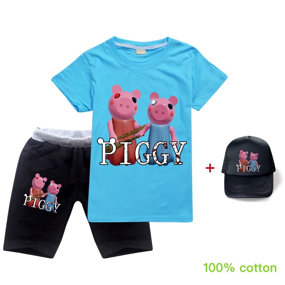 

Robloxing piggy Toddler Boy Clothes Summer Cotton Short Sleeve T Shirt Shorts Creeper Cosplay Costume Girls Tops Pants Set+cap
