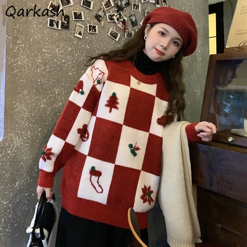 

Plaid Pullovers Women Sweaters Festival Design College Ulzzang Loose Autumn Party Vintage All-match Chic Jumpers Sweet Femme Ins