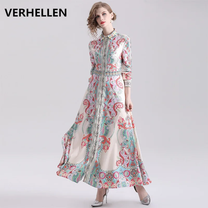 Женское платье макси VERHELLEN однобортное с длинным рукавом и принтом в стиле ретро