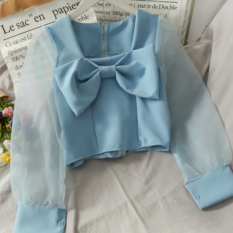 

Women Patchwork Mesh Shirts Square Collar Long Sleeve High Waist French Chic Slim Bow Autumn Female New Casual Fashion Blouse