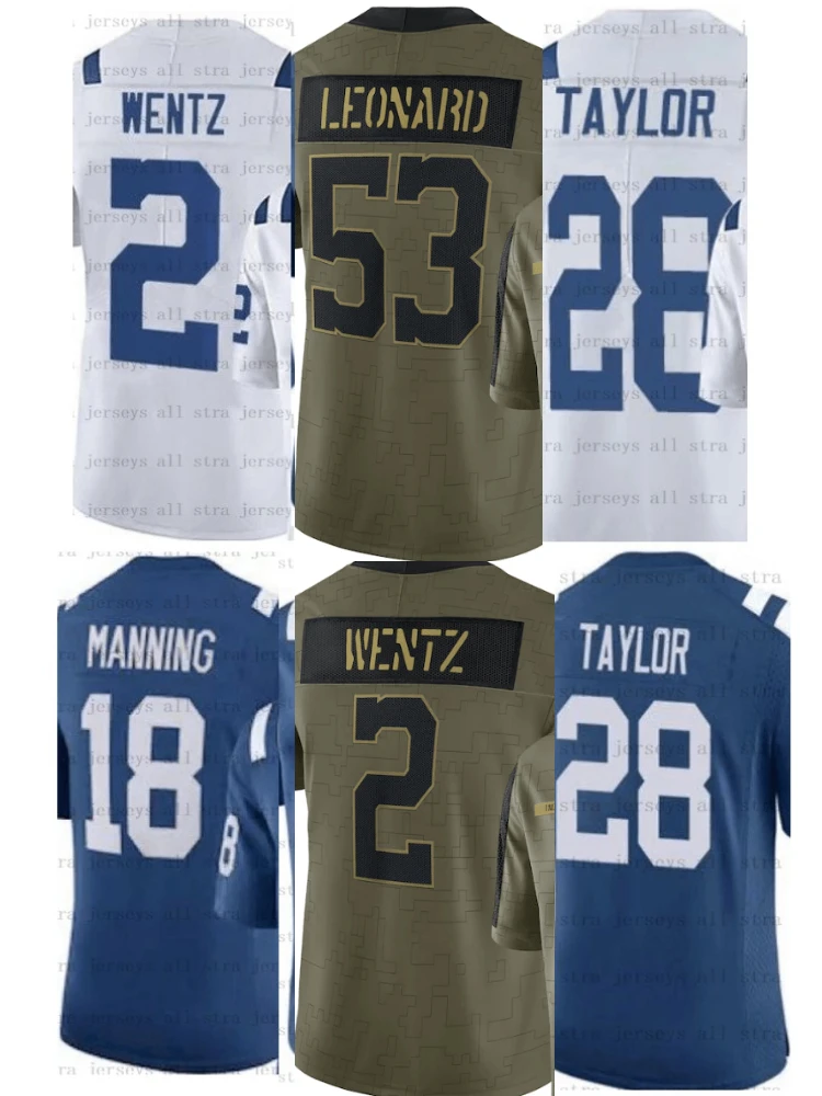 

2 Carson Wentz 18 Peyton Manning 28 Jonathan Taylor 53 Leonard 56 Colts Nelson Sports Jerseys Football 2021 Salute Jersey