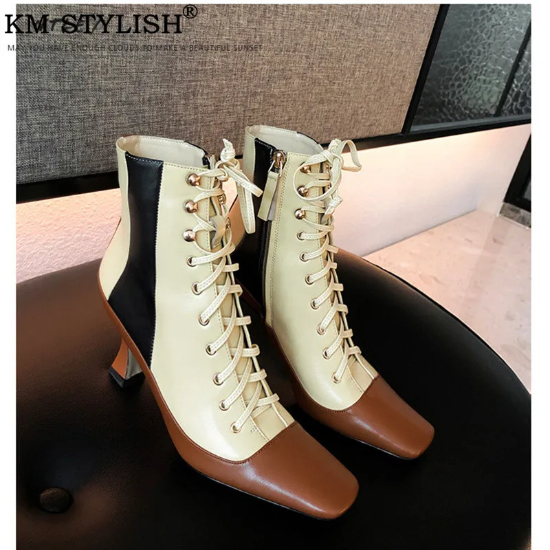 Женские ботильоны на шнуровке зимние ботинки толстом каблуке с квадратным