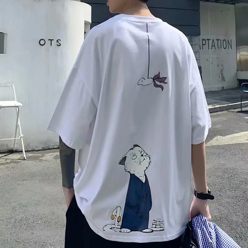

Trendy Handsome Anime Cartoon Short-sleeved Men's T-shirt Summer Round Neck Loose Five-point Sleeve Oversize Half-sleeved Top